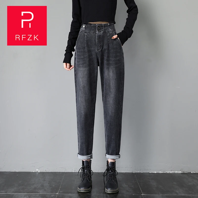 Женские джинсы с эластичной резинкой на талии RFZK, винтажные джинсы-шаровары, повседневные свободные винтажные джинсы на осень