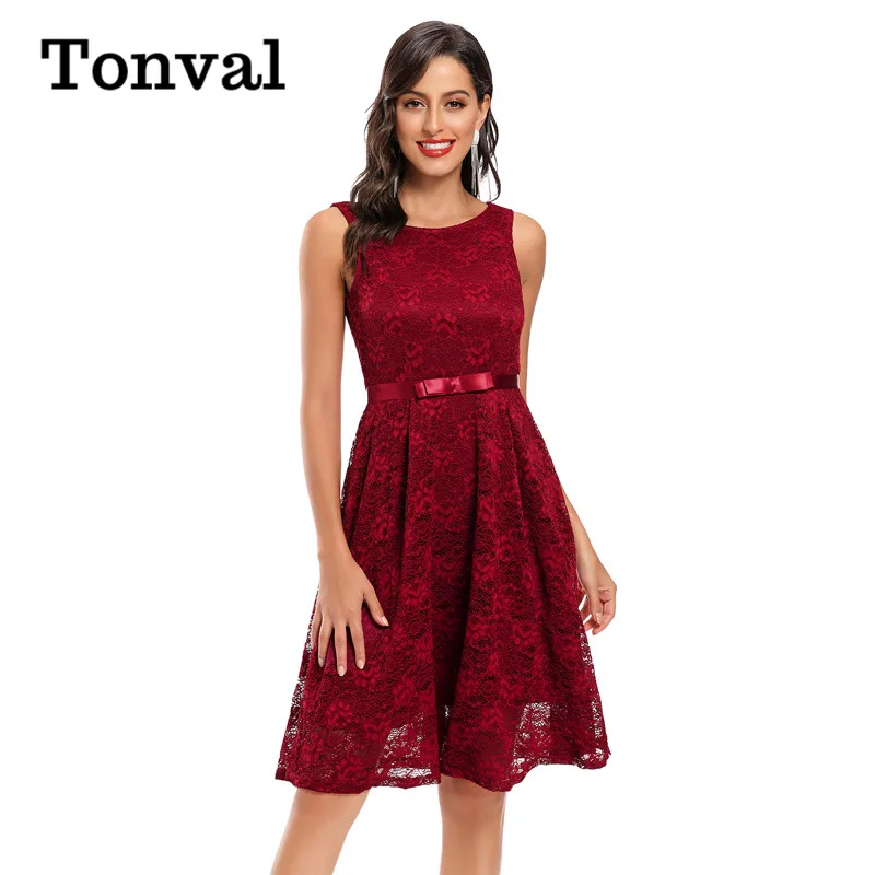 

Tonval Sleeveless A Line Vintage Style Lace Formal Swing Dress Women Elegant Bow Belt O Neck Backless Gorgeous Slim Dresses