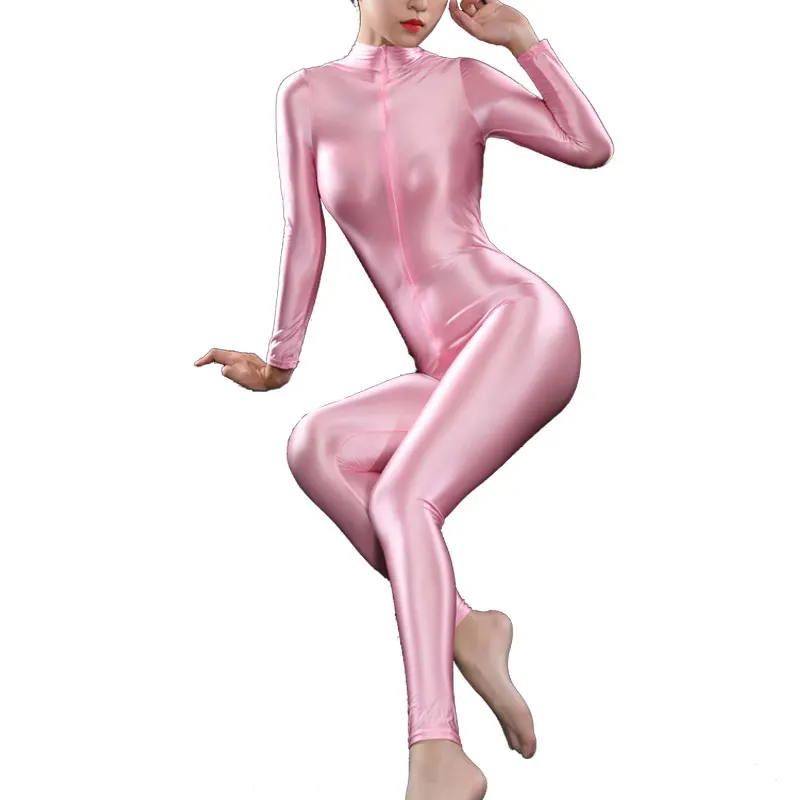 

Women Bodysuit Sexy High Elasitc Clubwear Sheer Smooth Pants Oil Gloosy Tight Shaping Candy Color jump suit one piece jumpsuit