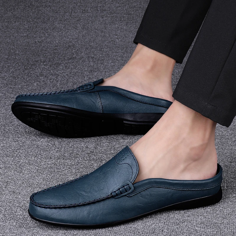 

Summer Half Shoes for Men Casual Mules Mens Backless Loafers Leather Slipper Breathable Slip on Lazy Driving Shoes Man Moccasins