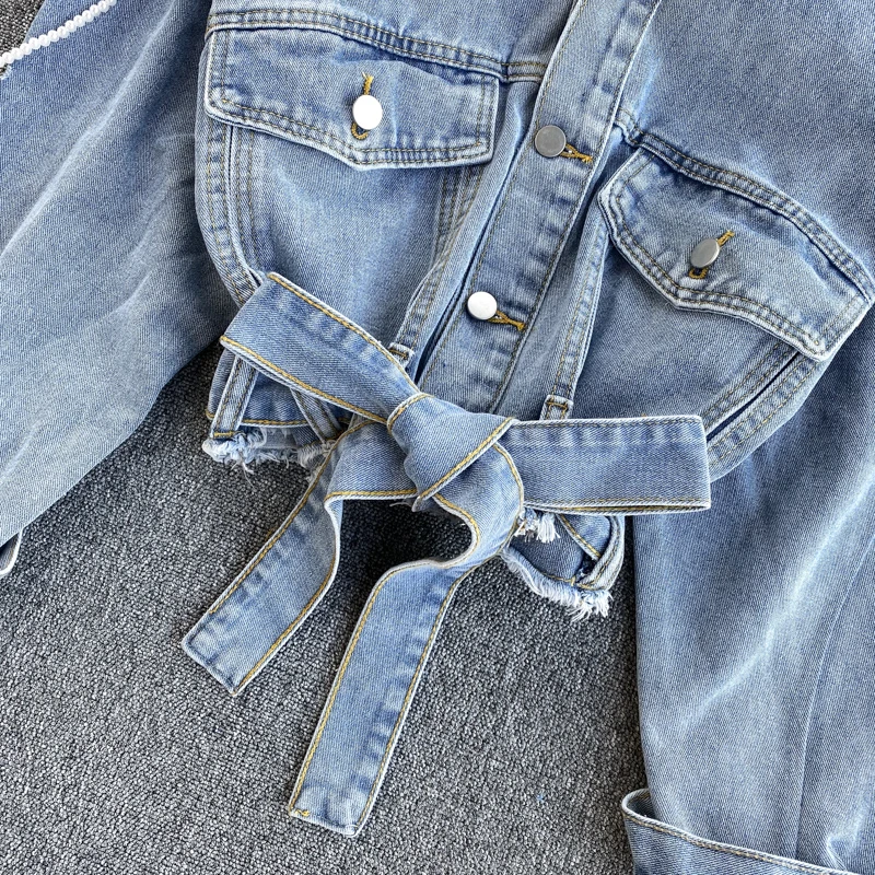 

2021 Spring Casual Fashion Short Design Belted Denim Shirt Water Washed Classic Denim Top