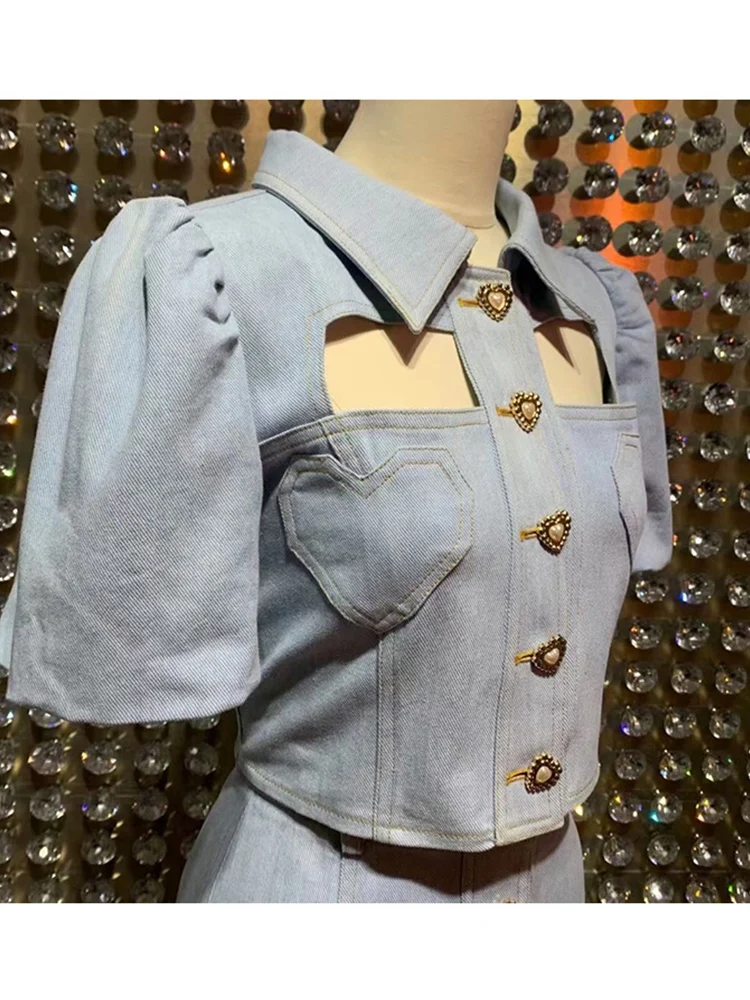 

Retro Lapel Love Pearl Button Hollow Denim Shirt Two-Piece Set Ladies Summer New + High Waist Frills Packed Hip Skirt Set