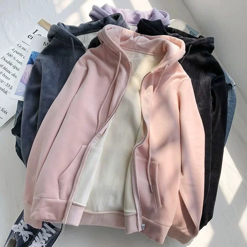 

Women's hooded velvet sweatshirt, thick zipper sweater, large casual wear, black and gray, white sweatshirt, winter