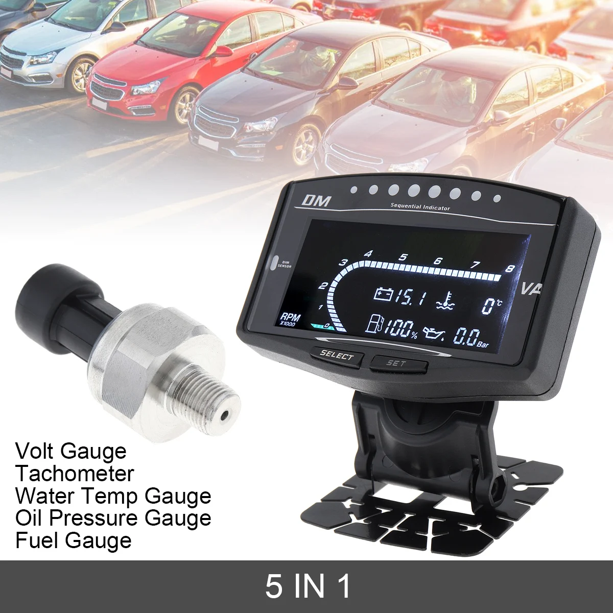 

Universal 5 In 1 LCD Electronic Oil Pressure Gauge+Volt Voltmeter+Water Temperature Gauge+Fuel Gauge+Tachometer with Sensor