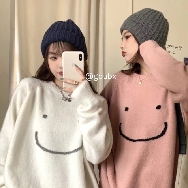 

2021 New Autumn Smiley Face Pullover Knitted Sweater Women's Loose Style Lazy Style Younger Fashion Outerwear TopNuyoah