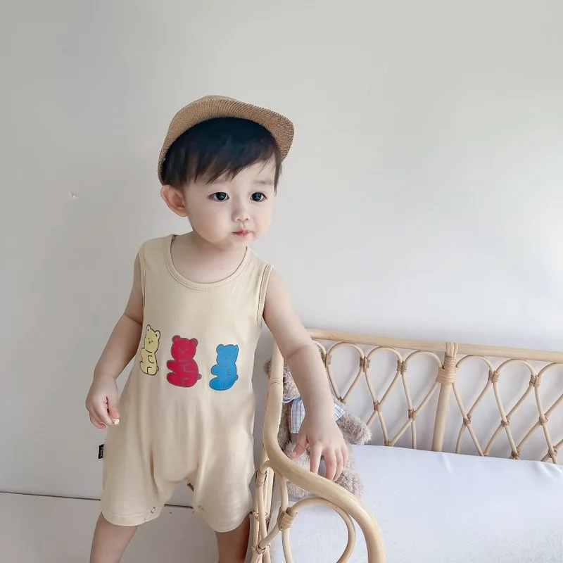 

2021 New Cartoon Three Bears Print Sleeveless Bebe Garcon Romper Ribbed Baby Bodysuit Twin Outfits Boy Girl Toddler Boy Bodysuit