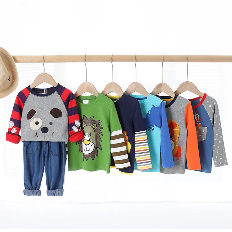 2022 Spring Autumn For 2-8 9 10 Years Children Cotton Striped Color Patchwork Cartoon Animal Baby Kids Boys Long Sleeve T-Shirts