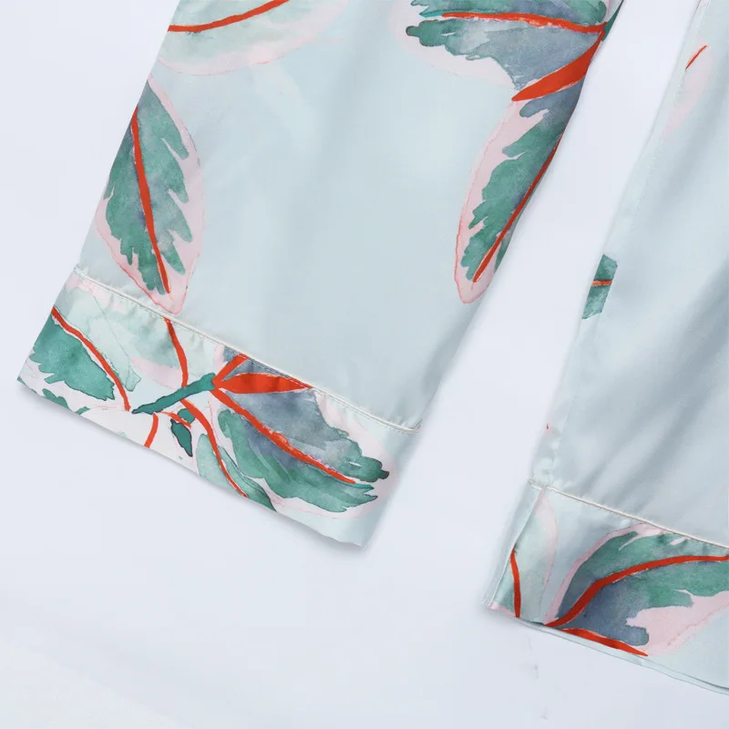 

Summer Women's Pajamas Set Fresh Style Tropical Plant Painting Short Sleeve V Neck Sleepwear Satin Silk Like Home Clothes Suit