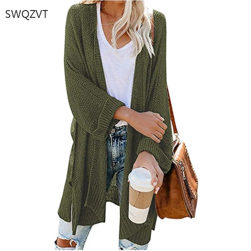 Женский вязаный кардиган повседневный свободный однотонный длинный на осень и