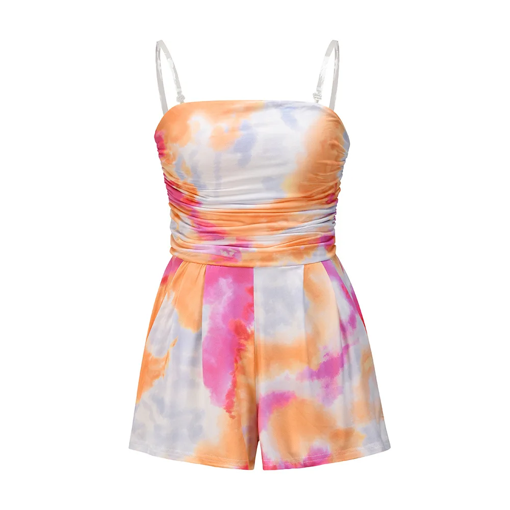 

YG brand women's summer knitting fashion casual Jumpsuit sling tie dyed beach bra shorts