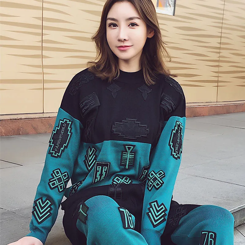 

Patchwork Embroidery Knitted Tracksuit Outfits Women O neck Knitwear Pullover Tops Pencil Pant Casual Hit color Knit Sets Female