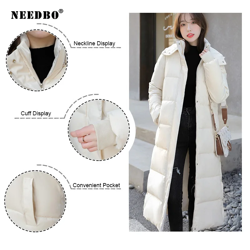 NEEDBO Ladies Long Warm Down Coat With Hoodie Down Jacket Winterr Coat Cultivate Morality Fashion Women's Overcoats 2021