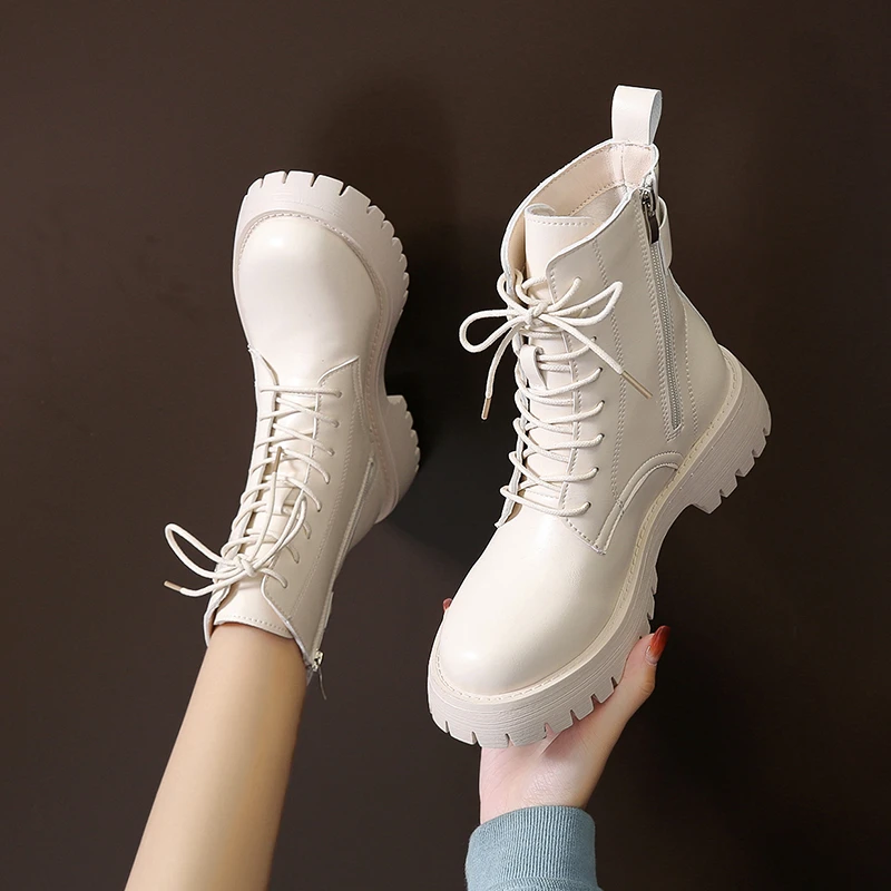 

Winter Ankle Boots Women Autumn White Black PU Leather Round Toe Lace Up Shoes Woman Fashion Motorcycle Platform Boots