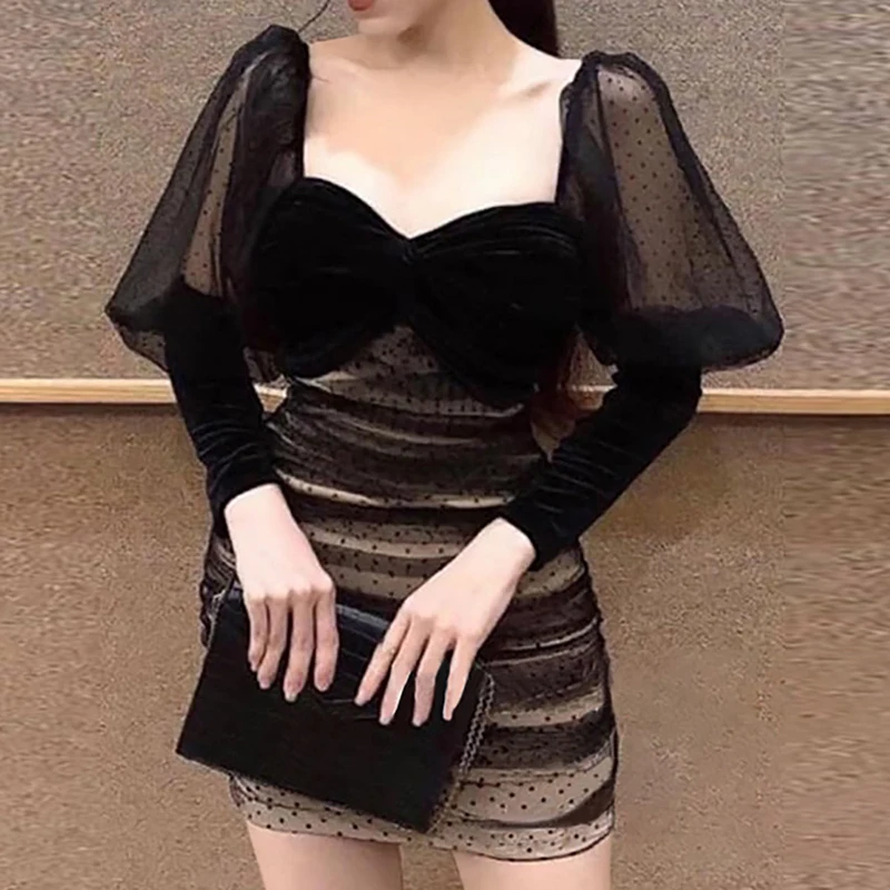 2020 Summer Bandage Dress Bodycon Mesh Women Party Sexy Black Ladies Clothes Puff Sleeve Elegant Club Vestidos Vintage | Женская одежда
