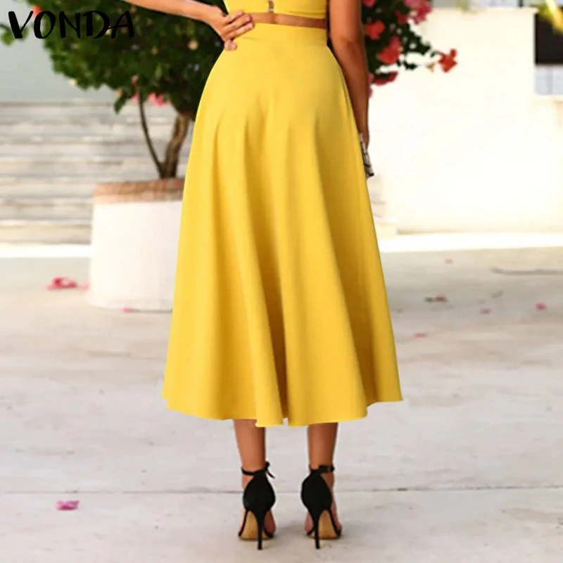 

Women Casual Skirt 2021 VONDA Elegant Party Long Skirts Female High Waist Solid Color A-line Skirt Faldas De Mujer