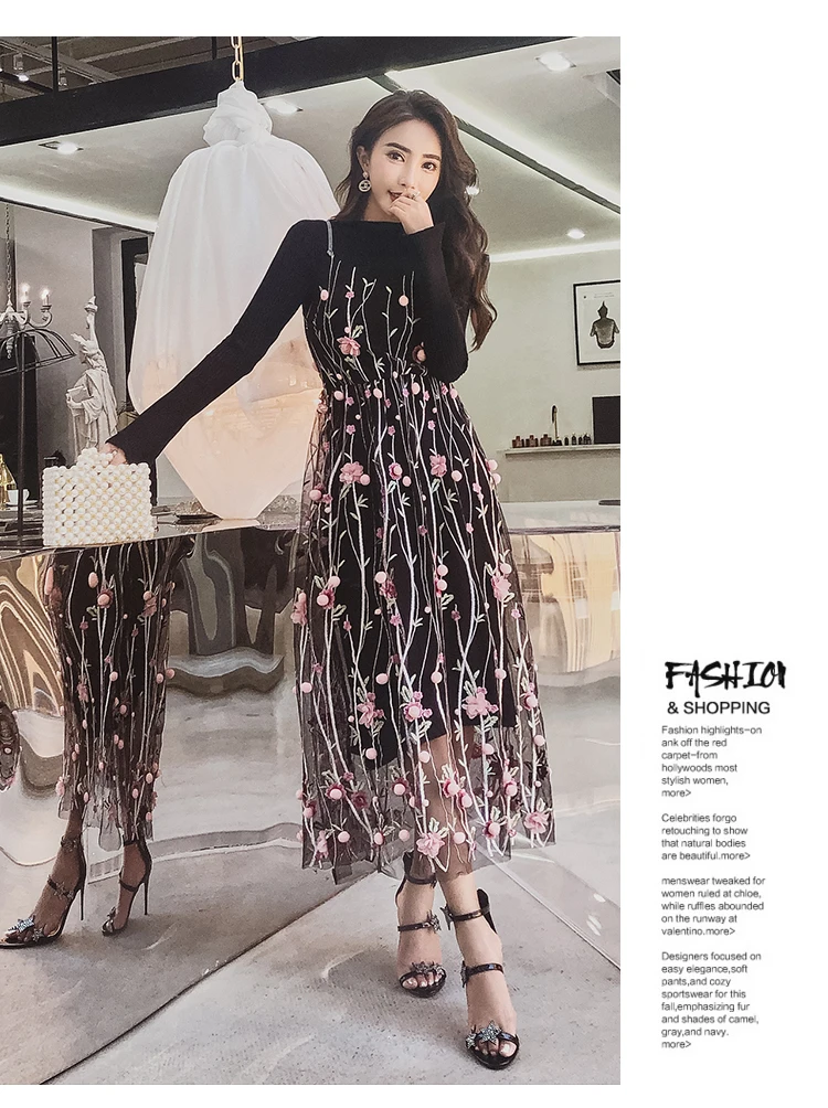 Knitted Dress 2 Piece Set Autumn New Solid Black Sweater Dress and Hairball Appliques Floral embroidery Mesh Sling Dress Sets