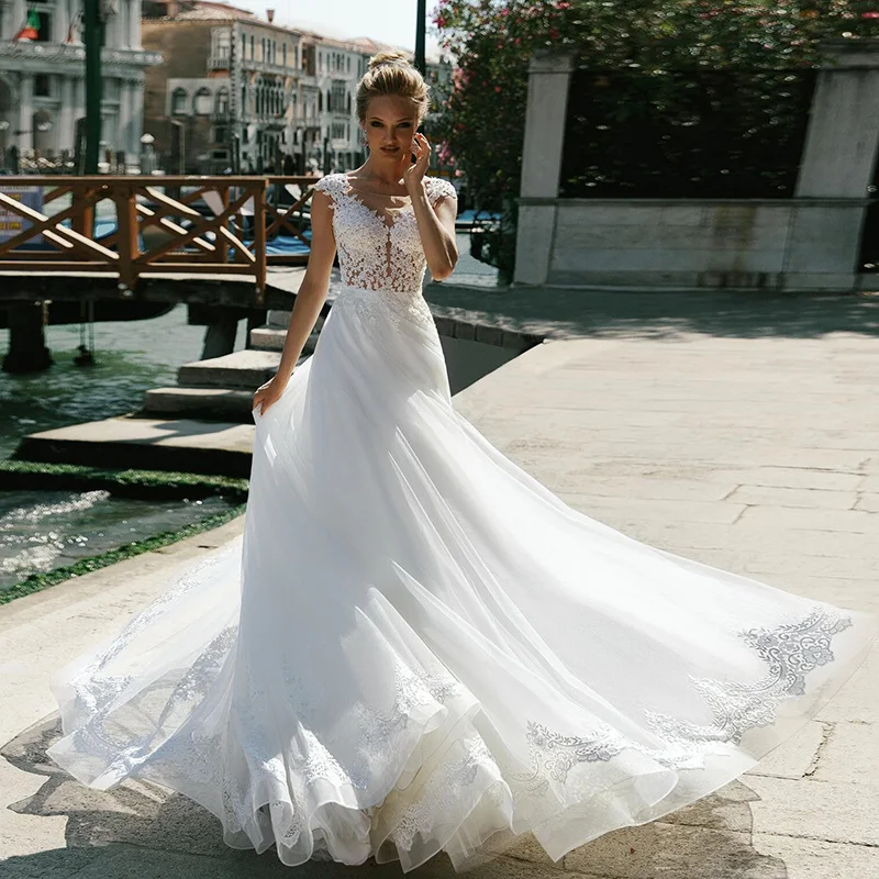 

Женское свадебное платье, длинное Тюлевое платье в стиле бохо с кружевной аппликацией и глубоким круглым вырезом, пляжное платье невесты, простое свадебное платье