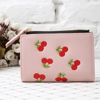 short fruit embroidery women wallets pu leather zipper coin purses female solid color hasp card holder clutch money clip