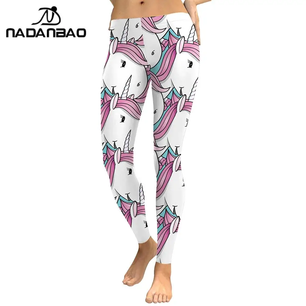 

NADANBAO White Cute Unicorn Fashion Leggings Woman Mid Waist Stretchy Trousers GYM Jogging Fitness Pants 2021 New Streetwear