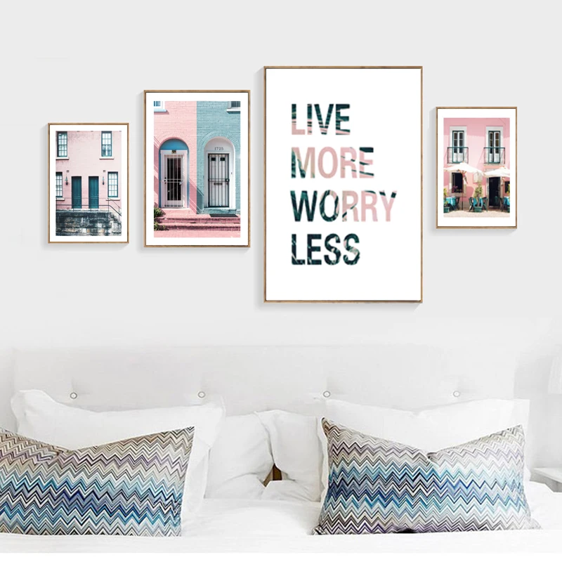 Городской пейзаж стены художественный принт дом скандинавский постер розовая