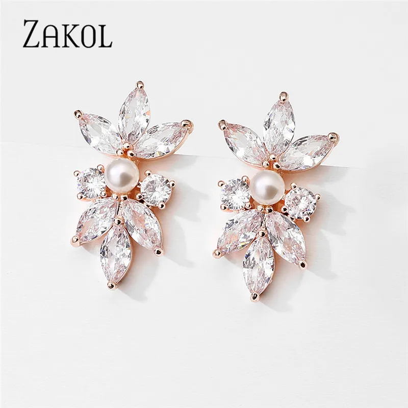 ZAKOL Fashion Simple Copper Alloy AAA Cubic Zirconia Stud Earrings for Women Cute Pearl Leaf CZ Wedding Earring Jewelry EP3156 | Украшения