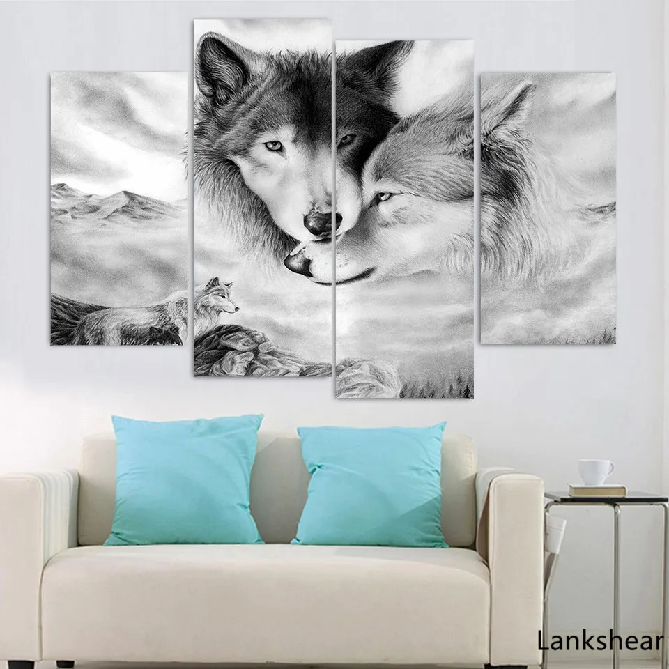 

HD Печатный современный холст для Гостиной картины 4 панели волки табак вместе Рамка Картина стена искусство модульный постер домашний деко...