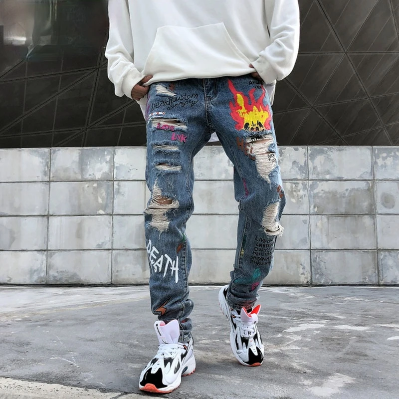 

Ybaby Spring new jeans men's punk cool graffiti jeans men's perforated pants letter printed jeans high street casual men jeans