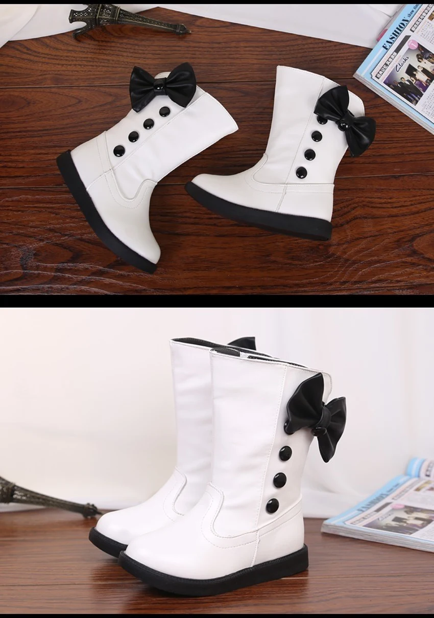 Girls Fashion Boots Autumn Winter Platforms PU Leather Mid-calf Princess Boots Butterfly-knot Ornament Toddler Kids Shoes