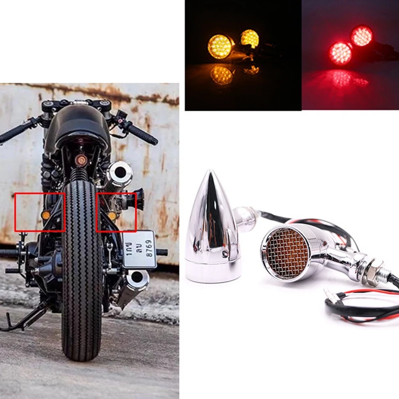 

Motorcycle Retro LED Turn Signal Brake Light Mesh Grill Amber Lens 10mm Bolt for Honda Yamaha Silver