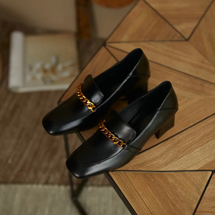 

ESVEVA 2021 Square High Heels PU Leather Slip On Women Pumps Fashion Metal Decoration Square Toe Ladies Shoes Big Size 34-43