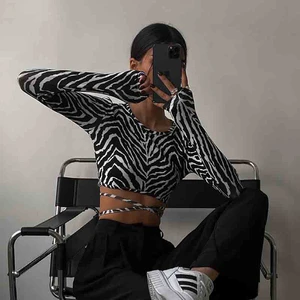 Sexy Mesh Zebra Print Long Sleeve T Shirts Women Summer Autumn Fashion Chic Slim Backless Crop Tops Black Stretchy T-shirt Casul