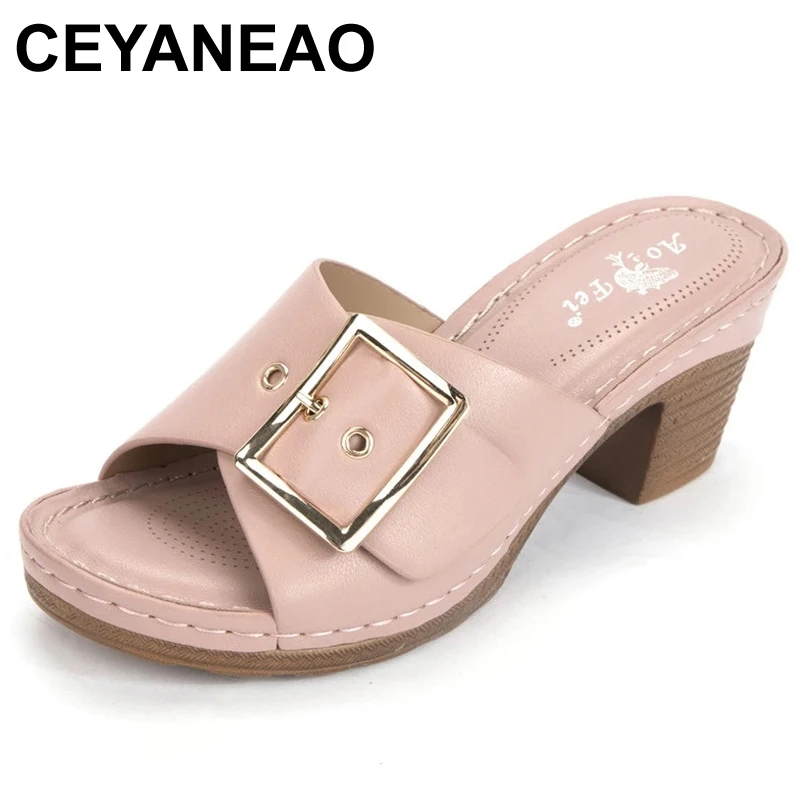 CEYANEAO Women's Mama Shoes Sandals Women 2021 New High Heel 7cm Heel Muller Sandals Metal Larger Sizes 42 For Women