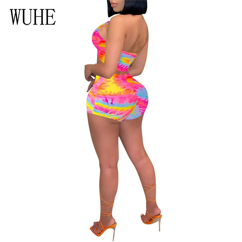 

WUHE Sexy Halter Print Two Piece Set Deep V Neck Sleeveless Off Shoulder Open Back Top+short Pants Tight Casual Nightclub Party