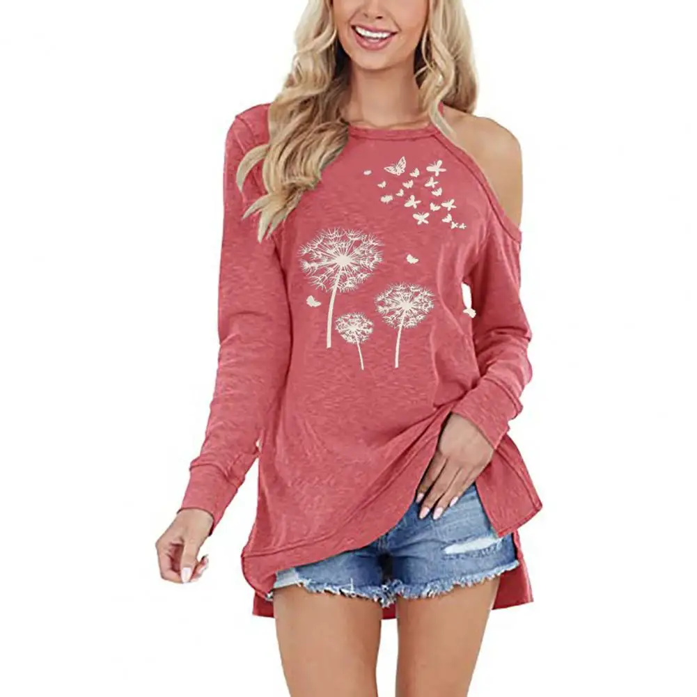 

New Sexy Off Shoulder Tops Spring Women T-shirt Dandelion Print Autumn Round Neck Long Sleeve Blouse Pullover Camisetas Mujer