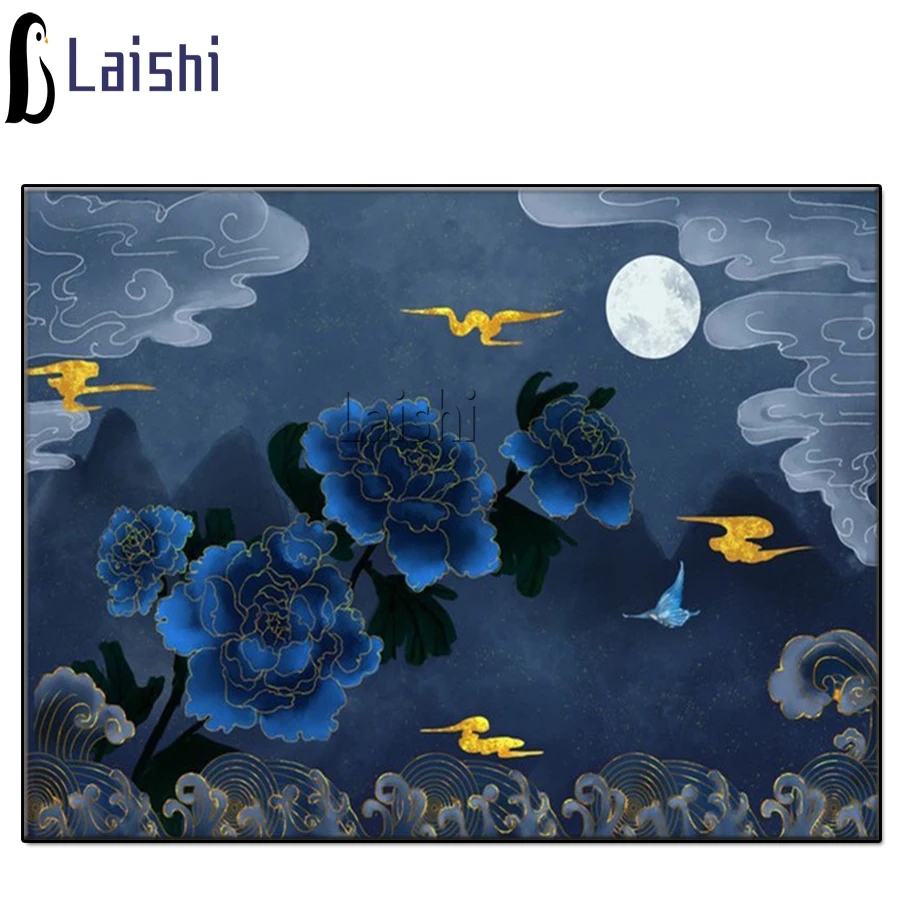 Квадратная Алмазная картина Лунная ночь с изображением золотого синего цветка