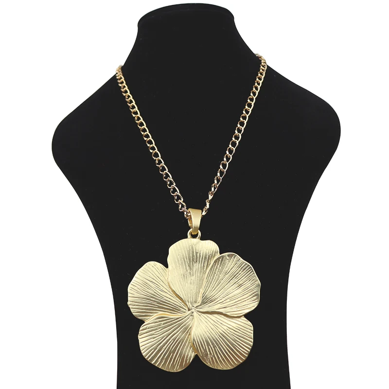 

Fashion Matt Gold Large Flower Metal Alloy Long Chain Pendant Necklace Lagenlook for Jewelry Women Men Gift