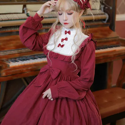 

Vintage OP Gothic Lolita Dress Cute Girl Lace Ruffle Bubble Sleeve Falbala Princess Court Maid Cosplay Costume Loli Student Dres