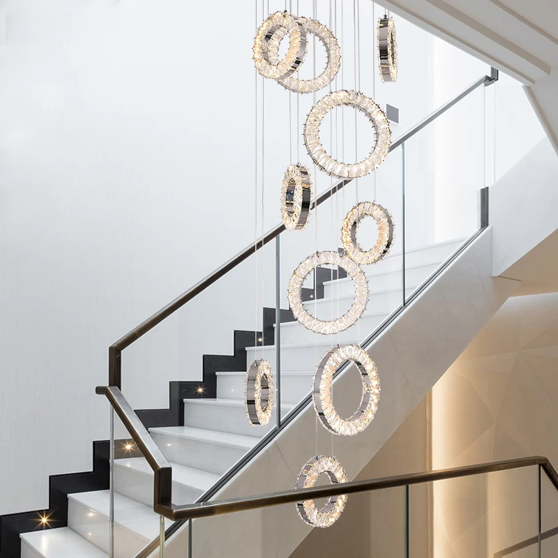 De Lujo candelabro led moderno para la sala de larga escalera anillo de cristal luz Casa Grande decoración cristal iluminación interior