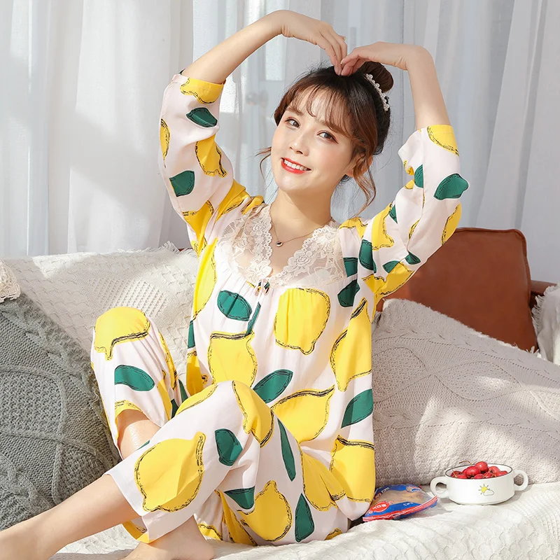 

Пижама женская из искусственного шелка, простой пижамный комплект в японском стиле, домашняя одежда из вискозы, милый кружевной пикантный к...