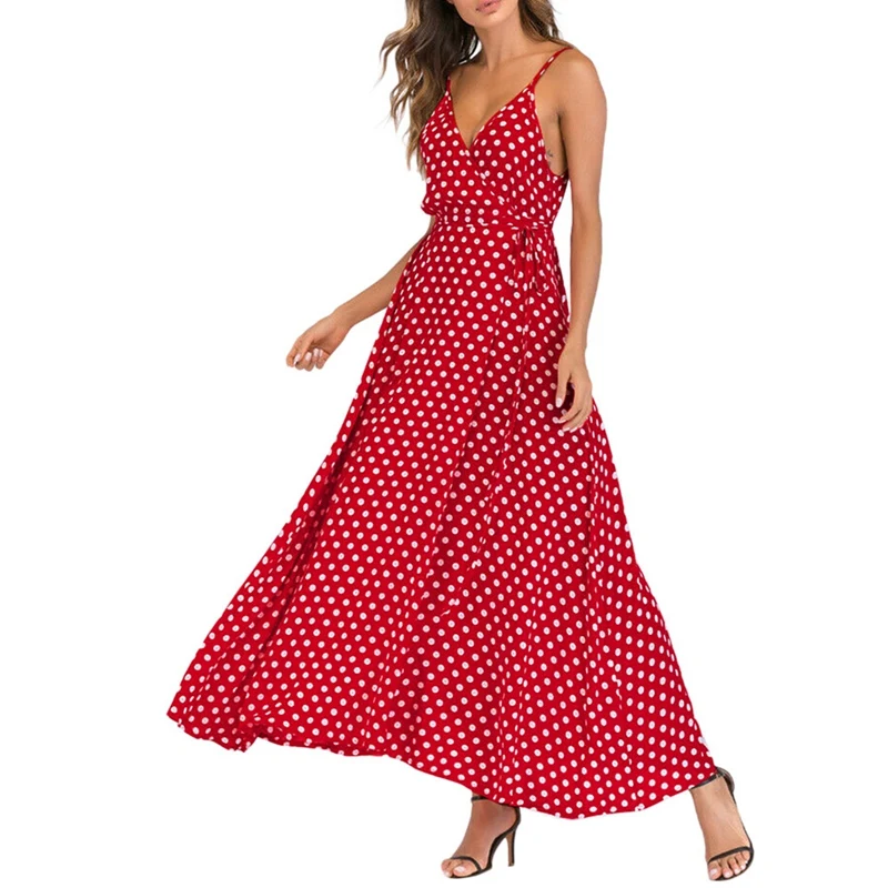 

Summer Women Fashion Beach Party Sexy Deep-V Polka Dot Slits Sleeveless Maxi Dress Sexy Party Dress Vestidos Plus Size