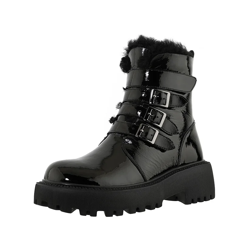 

Winter New Style Sponge Cake Bottom Leather Belt Buckle Women's Boots British Style Thick-soled Short Boots Keep Warm Snow Boots