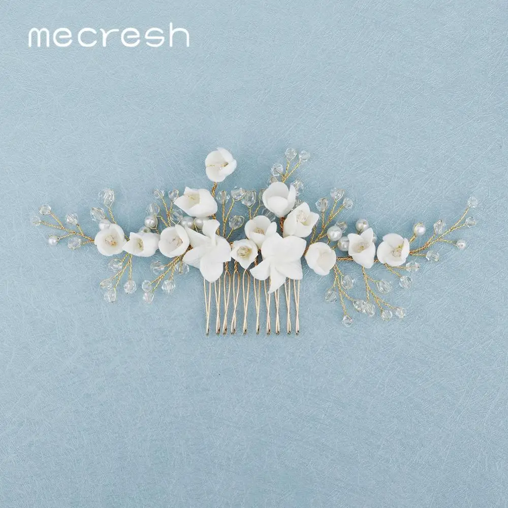 Mecresh White Flower Beads Wedding Hair Accessories Comb Gold Color Handmade Women Bridal Headpiece Ornaments FS334 | Украшения и