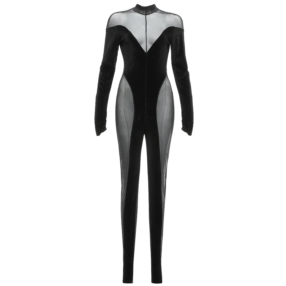 

Ailigou 2021 New Fashion Women Sexy Long-Sleeved Mesh See-Through Transparent Black Skinny Celebrity Designer Jumpsuit