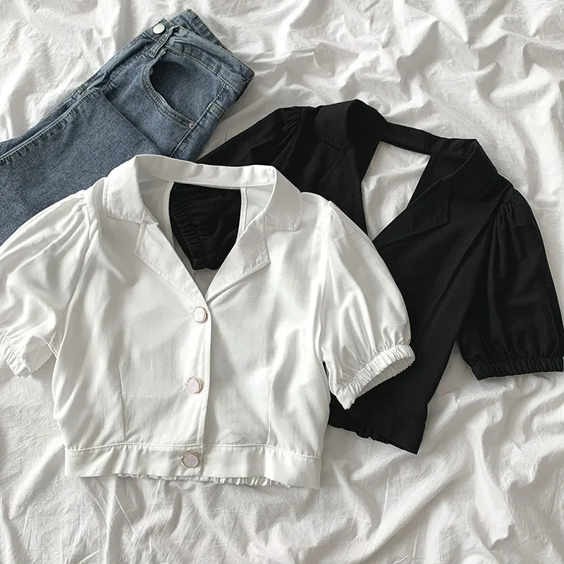 

Женская рубашка, новинка весны 2021, женская одежда, пикантная рубашка с открытой спиной в Корейском стиле, модный белый короткий топ