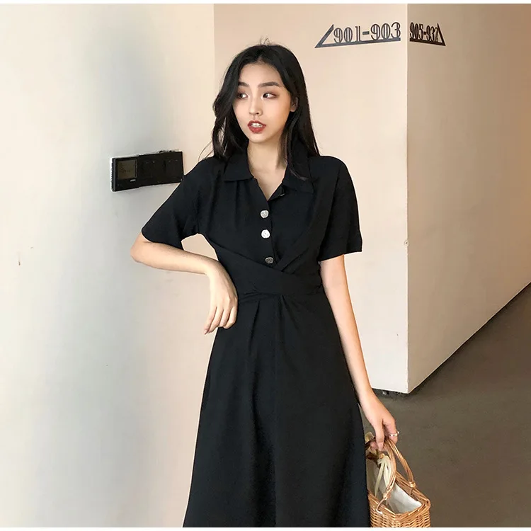 

Hong Kong Chic high waist slim mid-long shirt dress in summer of 2020