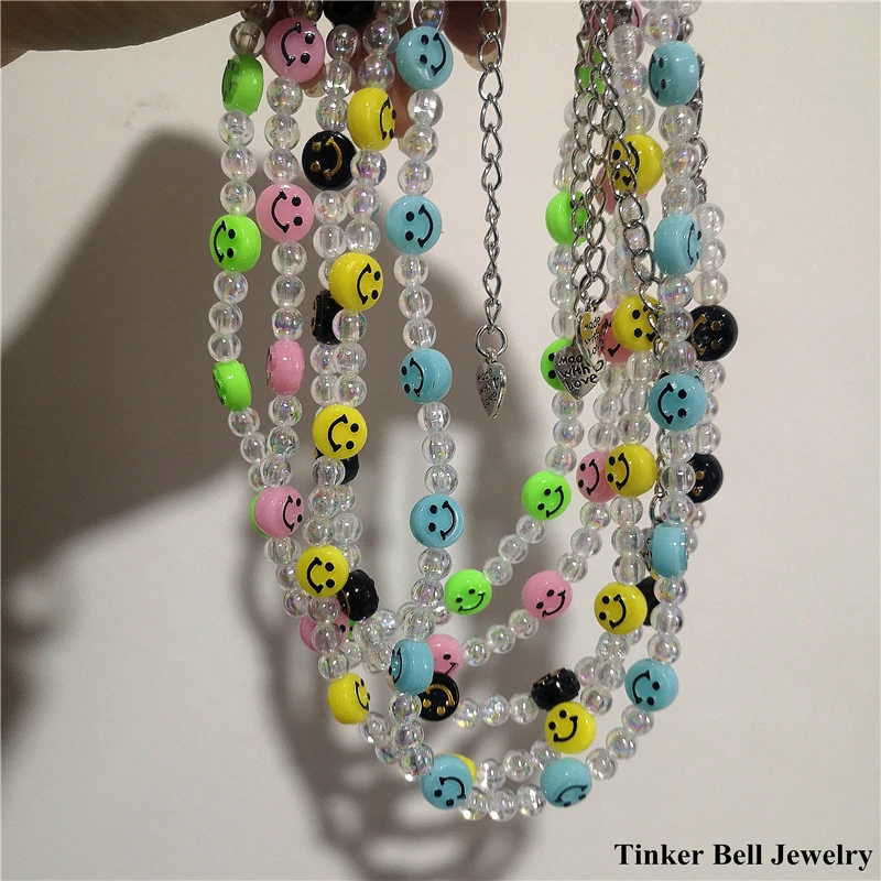 

Kpop Aesthetic Goth Handmade Pink Blue Smile Face Beaded Collares Choker Necklace Punk Egirl Y2k Harajuku Accessories Jewelry