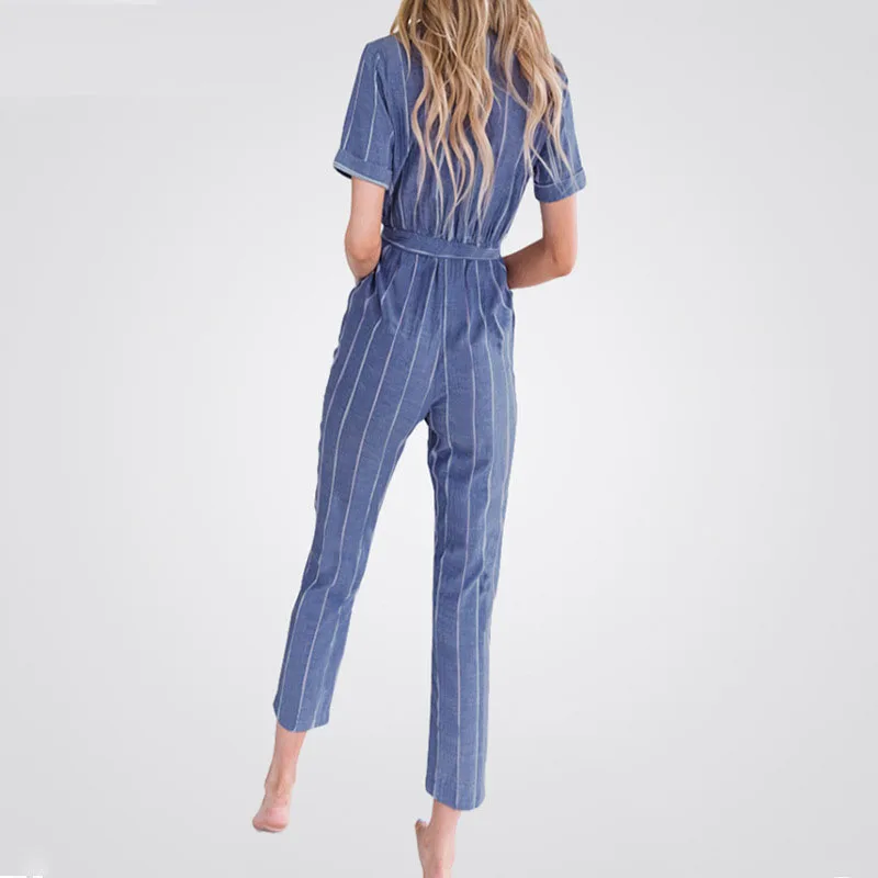 Комбинезон женский длинный в полоску с V-образным вырезом и коротким рукавом |