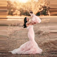 lovely pink mother and daughter photo shoot dresses mermaid slash neck handmade flower tulle stretchy mom and me gown