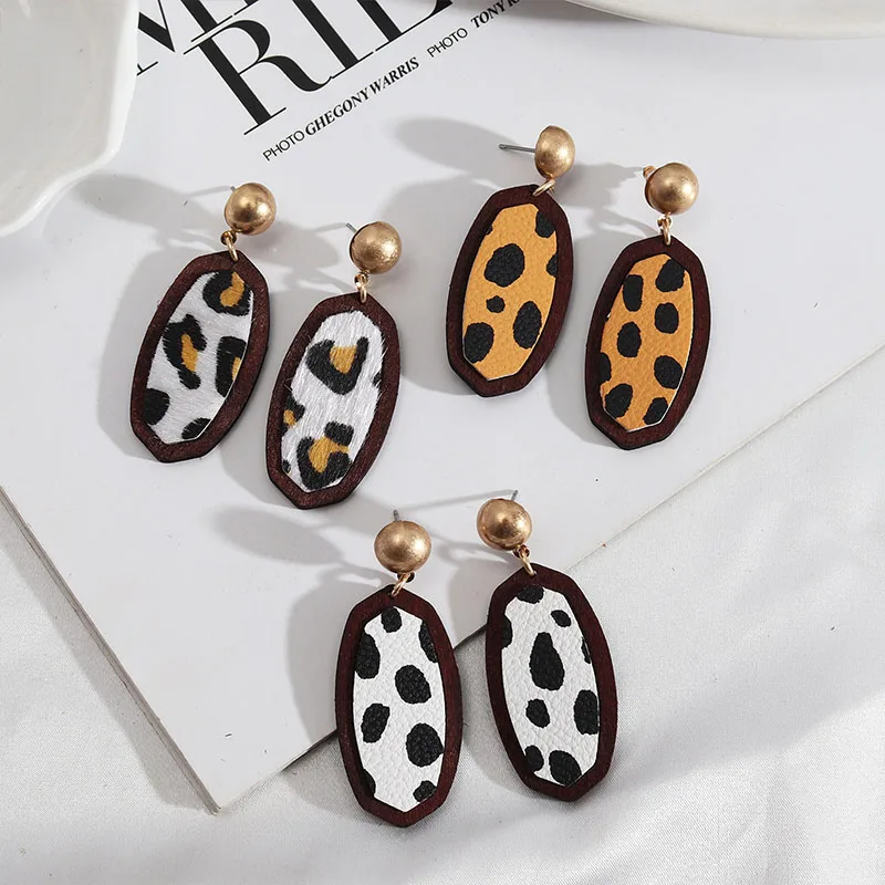 

New Simple Fashion Shell Leopard Leather Irregular Geometric Oval Wood Metal Pendant Stud Earrings For Women Accessories Jewelry