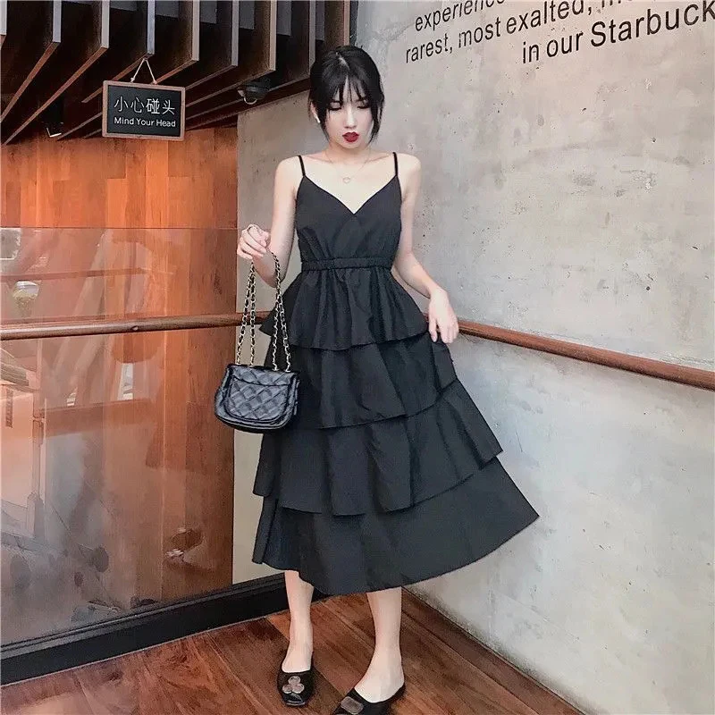 

Casual Sweet Cascading Spaghetti Strap Dresses For Women 2021 Korean Style Slim Chiffon Midi Dress New Summer Beach Long Dresses